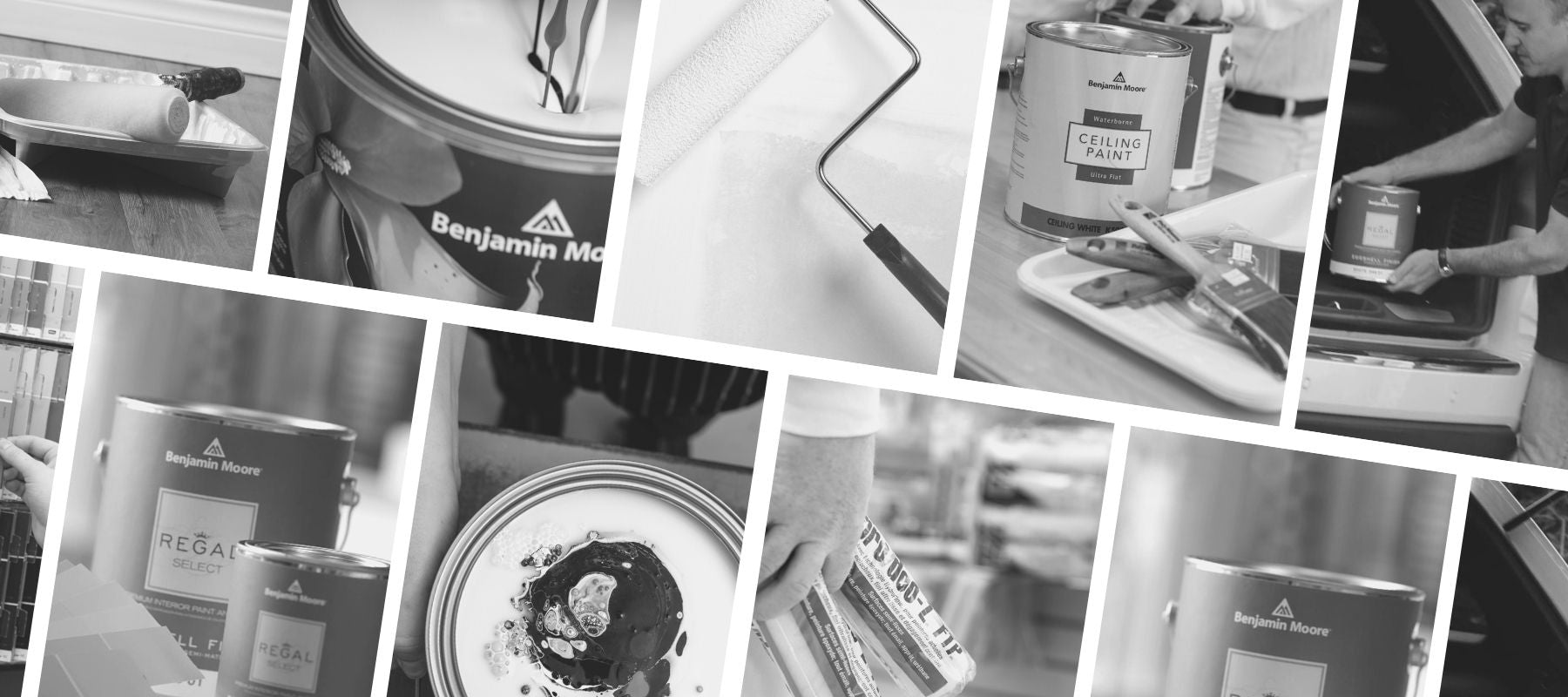 black and white collage containing pictures of paint store items. paint roller, man carrying paint, paint cans, paint color chips, and paint being tinted.