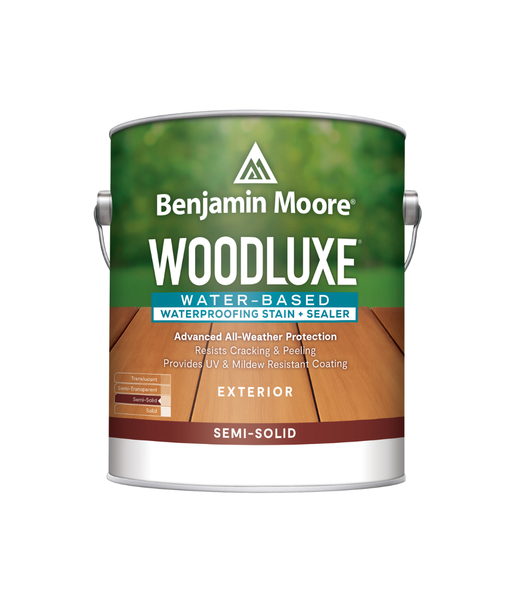 Benjamin Moore Woodluxe® Water-Based Semi-Solid Exterior Stain available at Creative Paint.