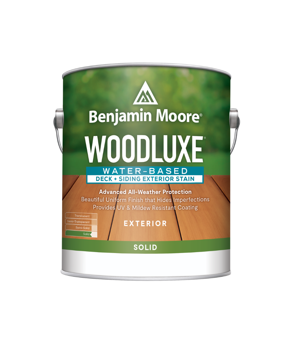 Benjamin Moore Woodluxe® Water-Based Solid Exterior Stain available at Creative Paint.