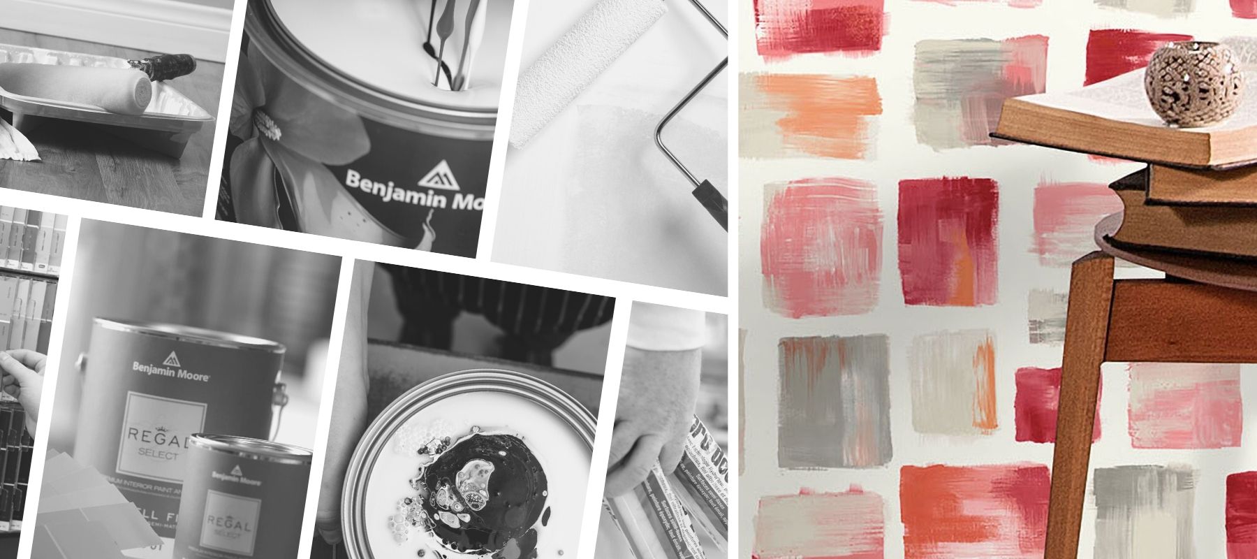 image of wallpaper overlayed ontop of collage of paint store items. wallpaper is red, pink, orange and gray, loooks like paint strokes of each color on the wall.