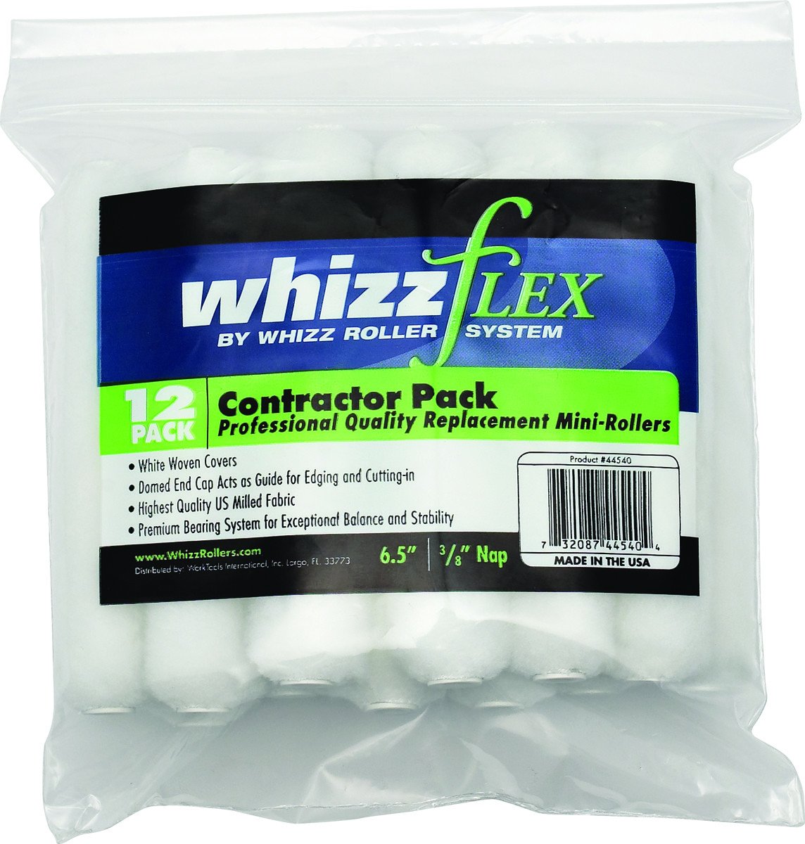 Whizz 6.5" x 3/8" 12 pack of white woven mini rollers, available at Creative Paint in San Francisco, South Bay & East Bay.
